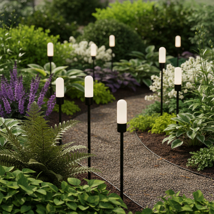 black landscape spike light installed in boarders along a pathway