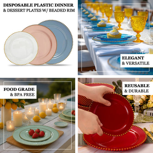 Disposable plastic dinner and dessert plates with beaded rim, food grade & BPA free.