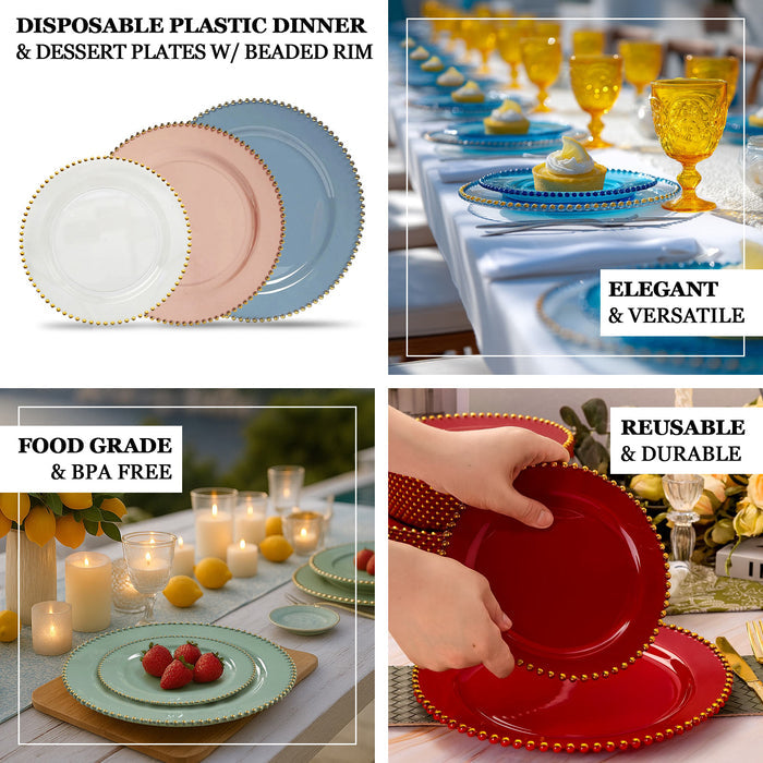 Disposable plastic dinner and dessert plates with beaded rim, food grade and BPA free.