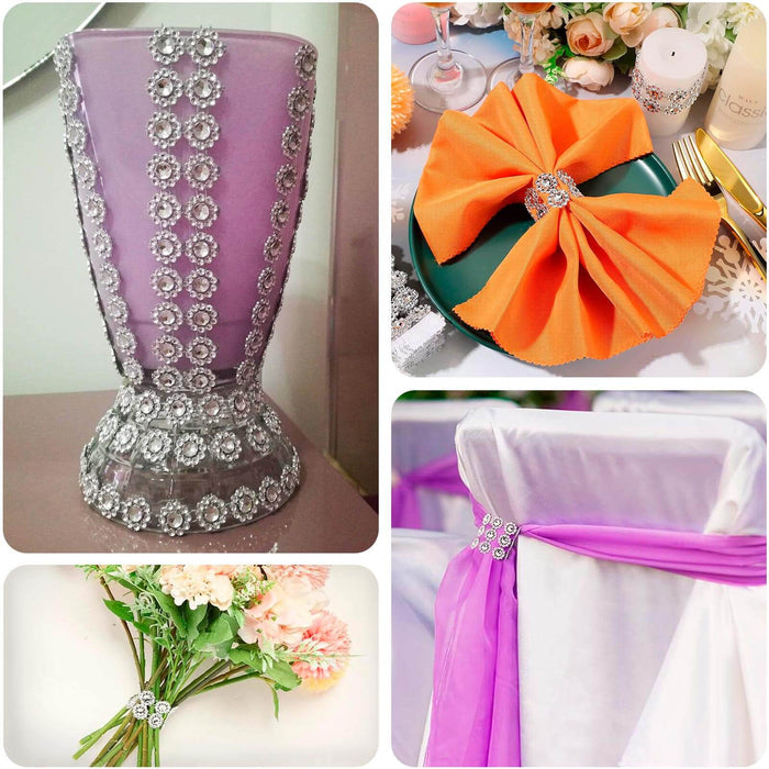 Decorative purple vase with silver embellishments and styled table settings.