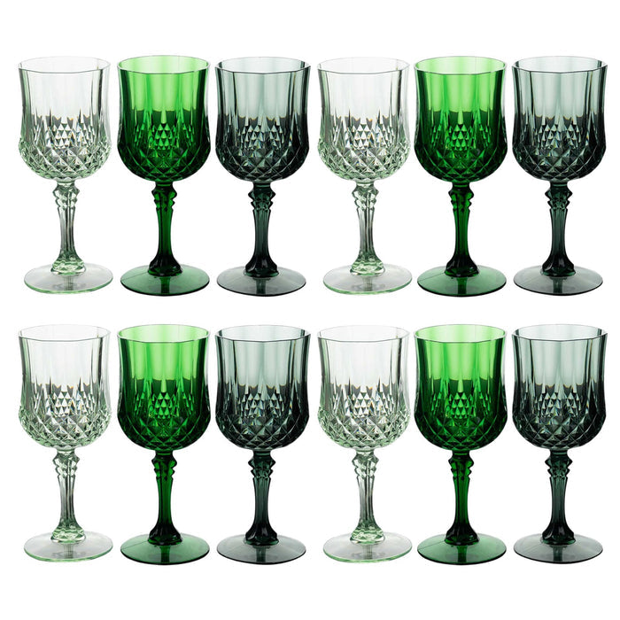 Set of 12 elegant glass wine goblets in varying shades of green and clear