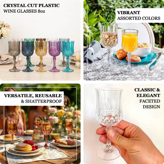 Assorted vibrant crystal cut plastic wine glasses in various colors.