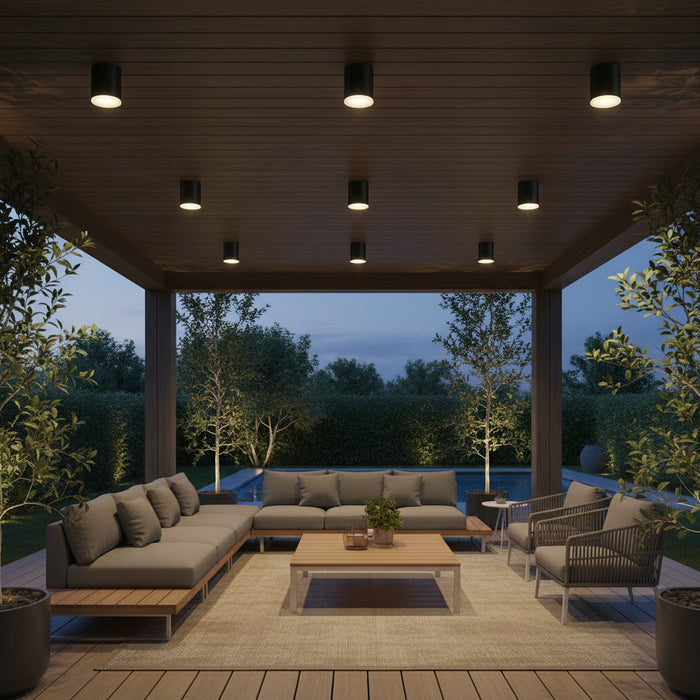 black surface mounted exterior downlight mounted outside over and entertaining area