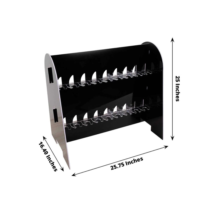 Black wine rack with three rows and measurement labels