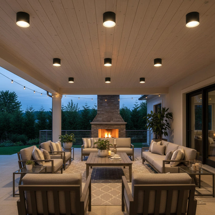 black waterproof outdoor downlight mounted on the ceiling of an outside seating area