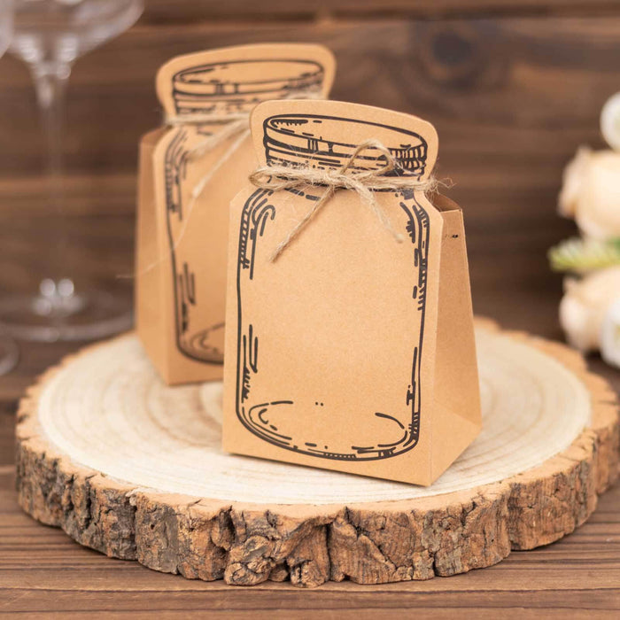 Brown paper gift bags with jar illustrations on a wooden slice backdrop.