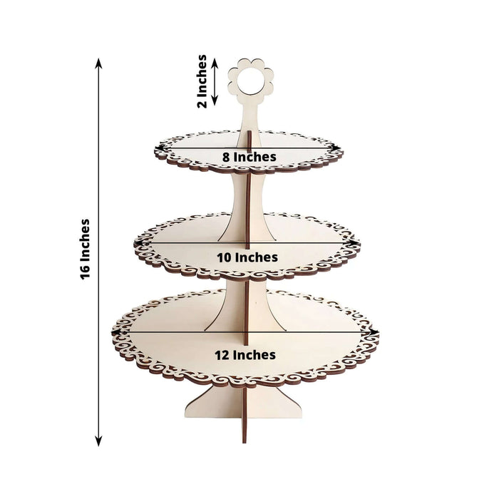 Three-tiered cake stand with measurements, 16 inches tall, decorative edges.
