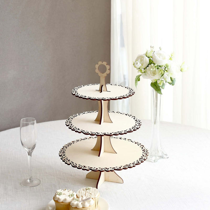 Three-tiered dessert stand with decorative edges, perfect for showcasing treats.