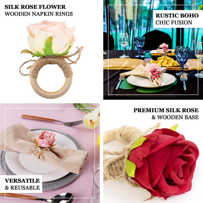 Silk rose wooden napkin rings for rustic boho table settings.