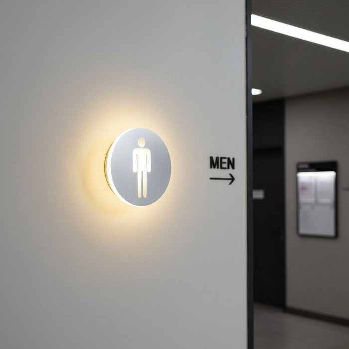 LED male WC sign mounted on the wall next to the entrance to a gents toilet