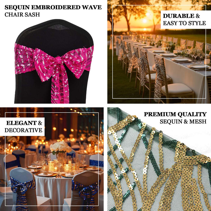 Sequin embroidered wave chair sash in vibrant pink, ideal for elegant events.