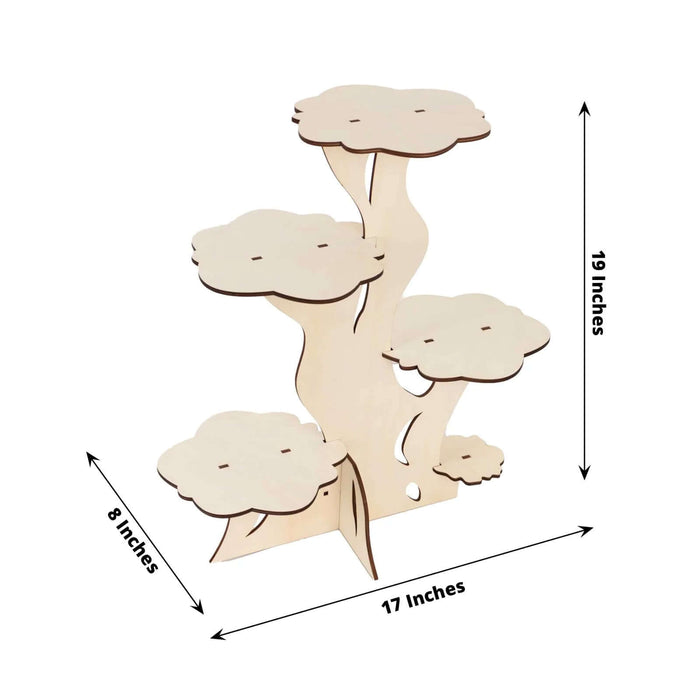 Wooden tree-shaped shelf display, 19 inches tall, 17 inches wide, 8 inches deep.