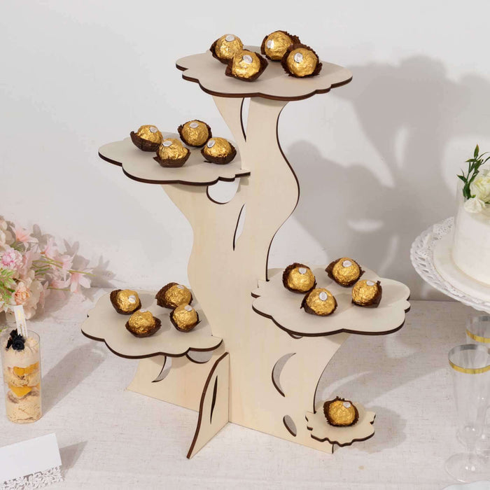 Wooden dessert stand with layered shelves for displaying treats.