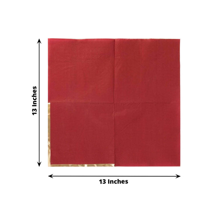 Red paper napkins, 13 inches square, folded and displayed on a white background.