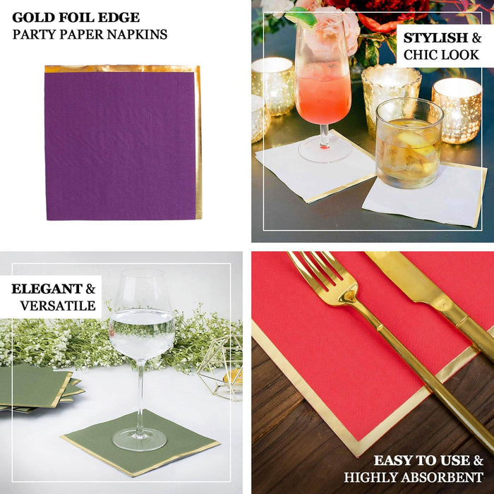 Gold foil edge party paper napkins in purple and red, elegant and versatile.