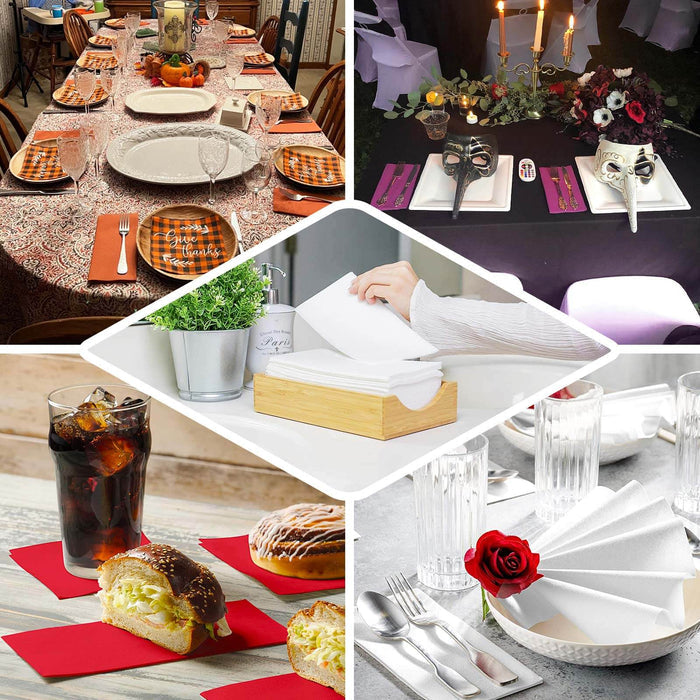 Assorted table settings with decorative elements and food displays.