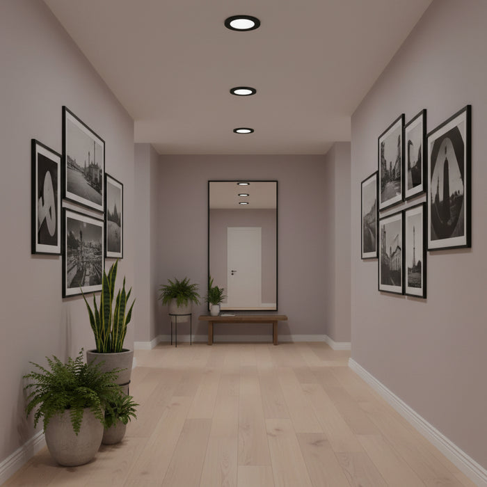 Slimline LED downlights in a hall way with mirror plants and pictures on a pale lilac walls