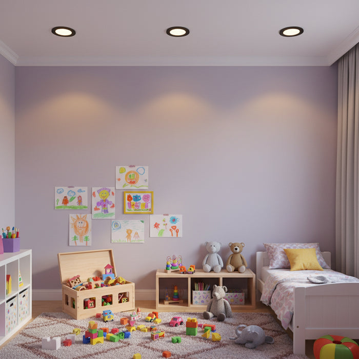Slimline LED downlight in a child's bedroom with toys and furniture and lilac walls