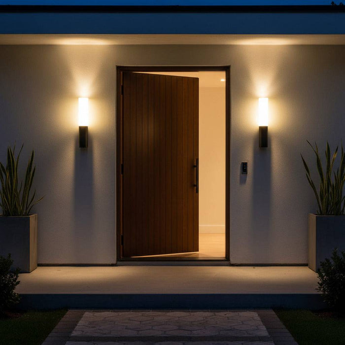 black lantern outdoor light mounted either side of a wooden house entrance door