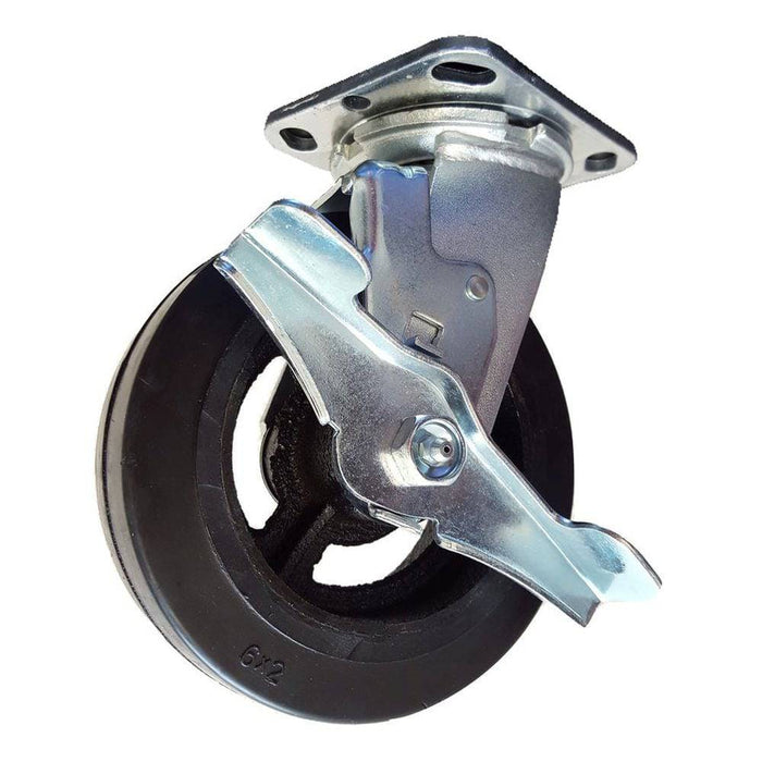 6" x 2" Mold On Rubber Cast Swivel Caster w/ Top Lock Brake - Durable Superior Casters
