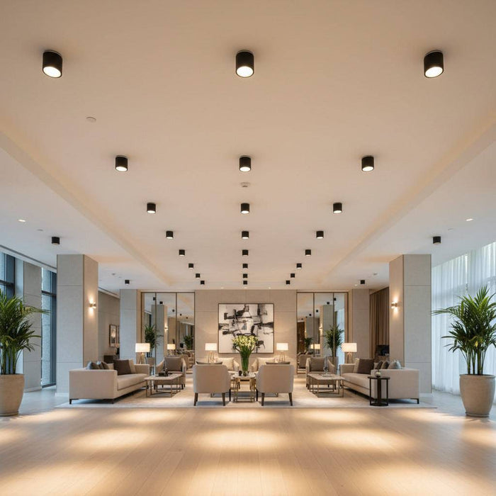 black round surface downlight mounted on the ceiling in a modern hotel reception area