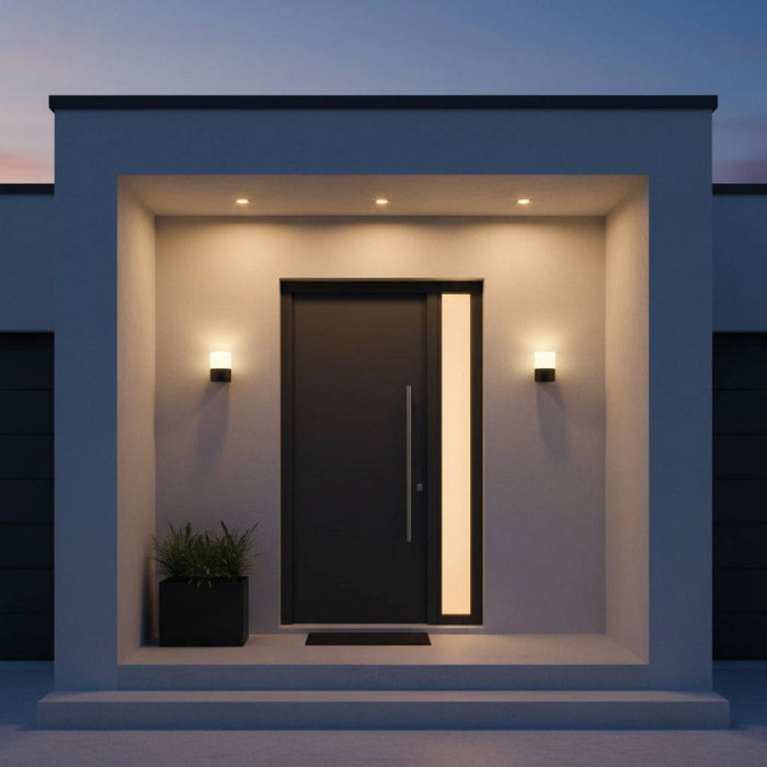 black outside wall mount light showing lights fitted either side of the modern front door of a house