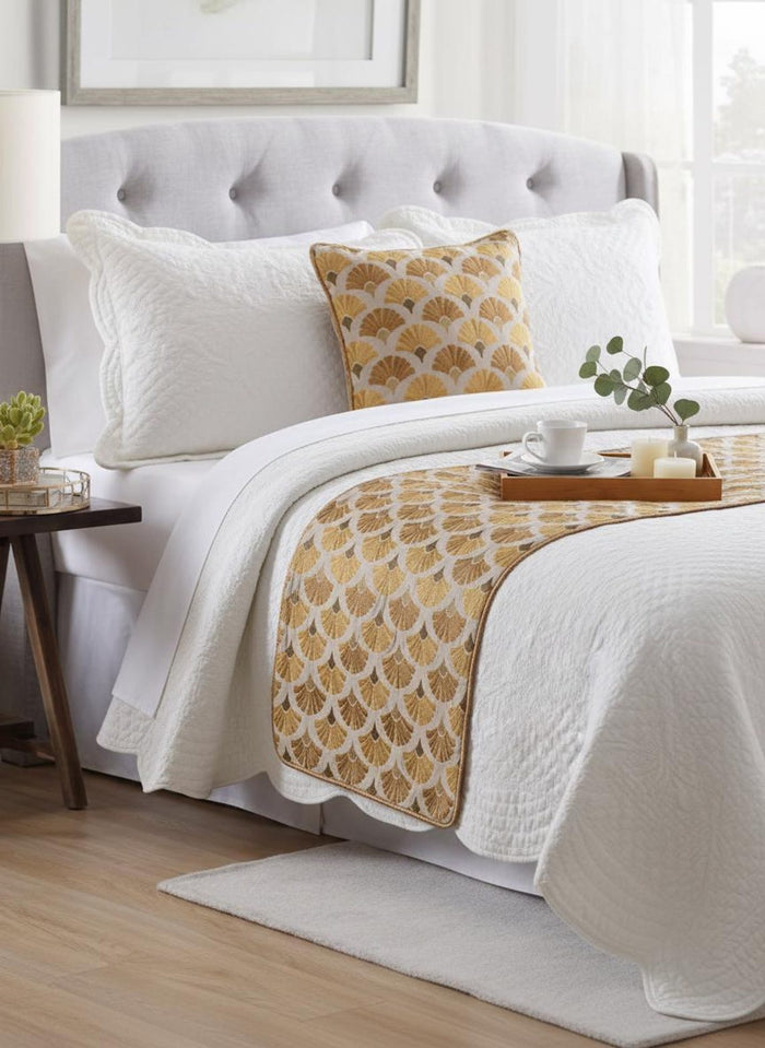 Autumn Bloom - Cotton Embroidery Beige & Yellow Gold Decorative Bed Runner and Pillow Cover