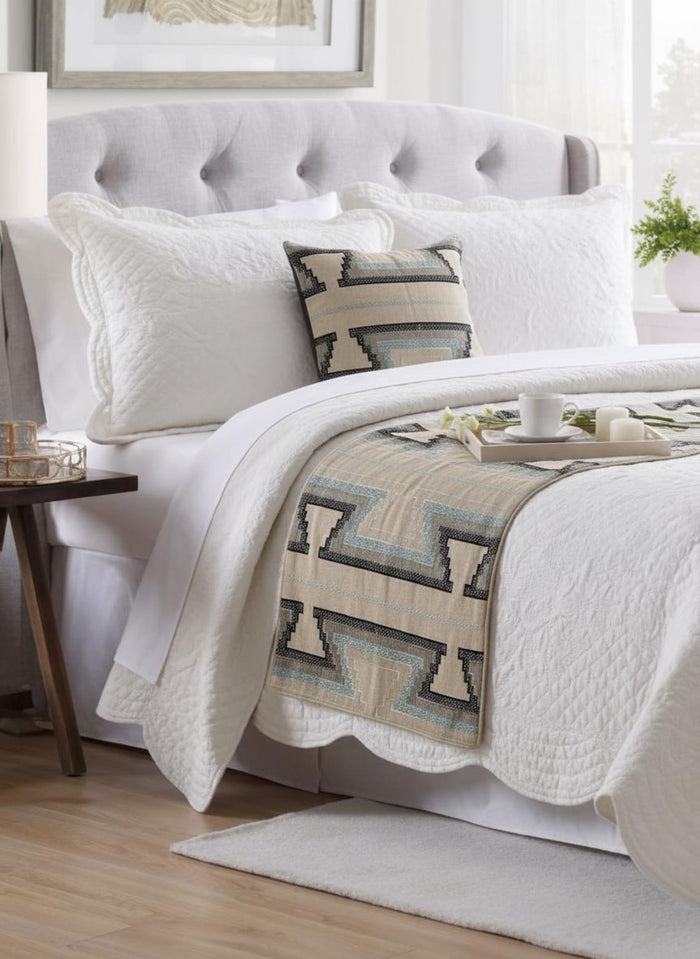 Aztec Armour - Cotton Blue & Ivory Decorative Bed Runner and Pillow Cover