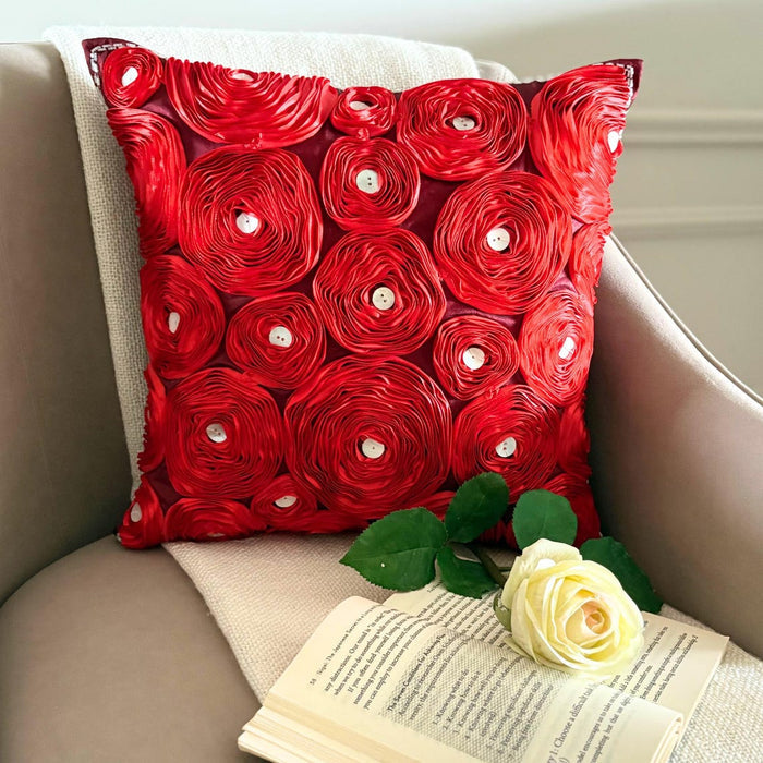 Bed Of Roses - Red Art Silk Throw Pillow Cover