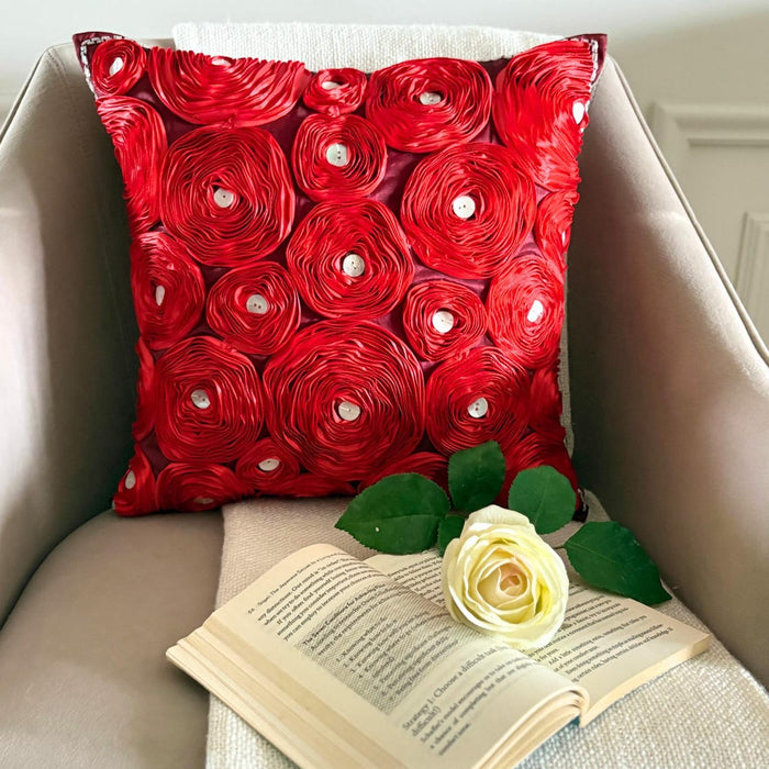 Bed Of Roses - Red Art Silk Throw Pillow Cover