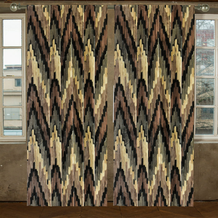 Beige, Brown Chevron Digital Printed Velvet Curtain Panels