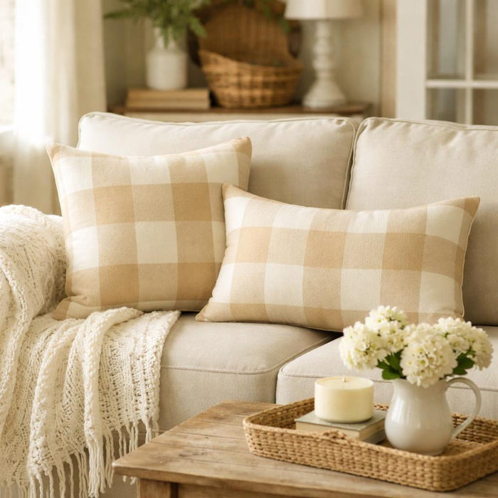 Beige Plaid - Beige Cotton Throw Pillow Cover