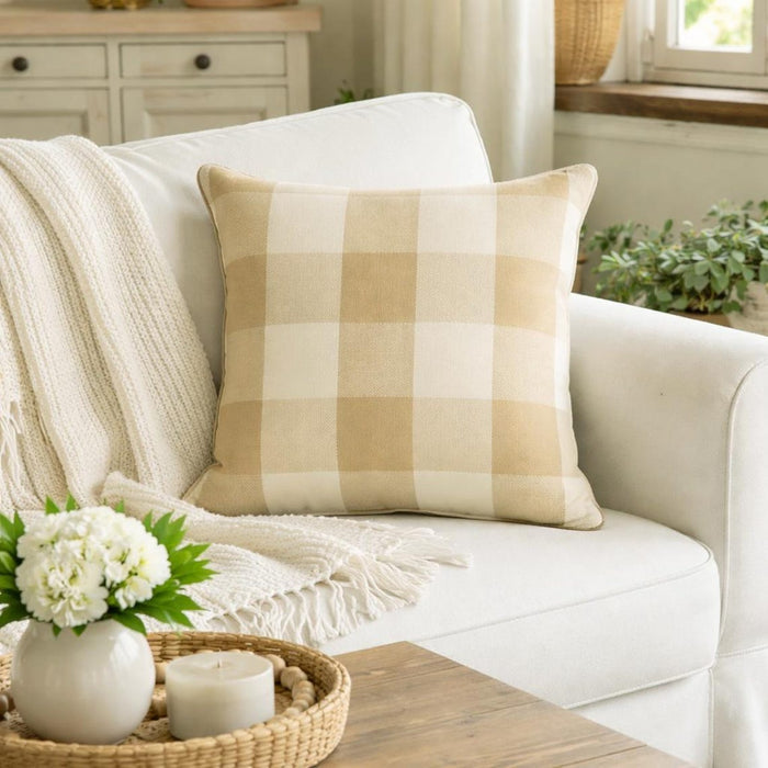 Beige Plaid - Beige Cotton Throw Pillow Cover
