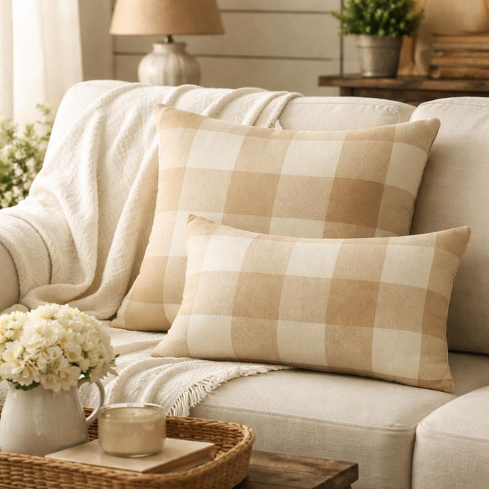 Beige Plaid - Beige Cotton Throw Pillow Cover