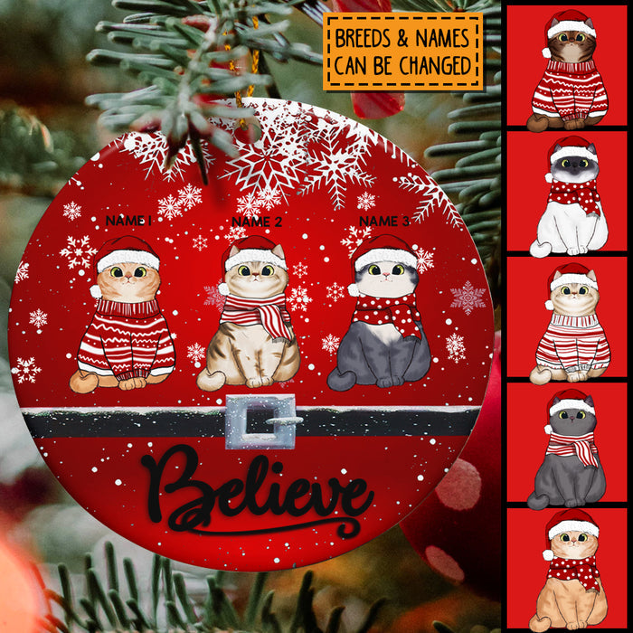 Believe - Red Background - Personalized Cat Christmas Ornament