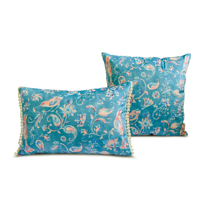 Birdsong Embrace - Blue Velvet Throw Pillow Cover