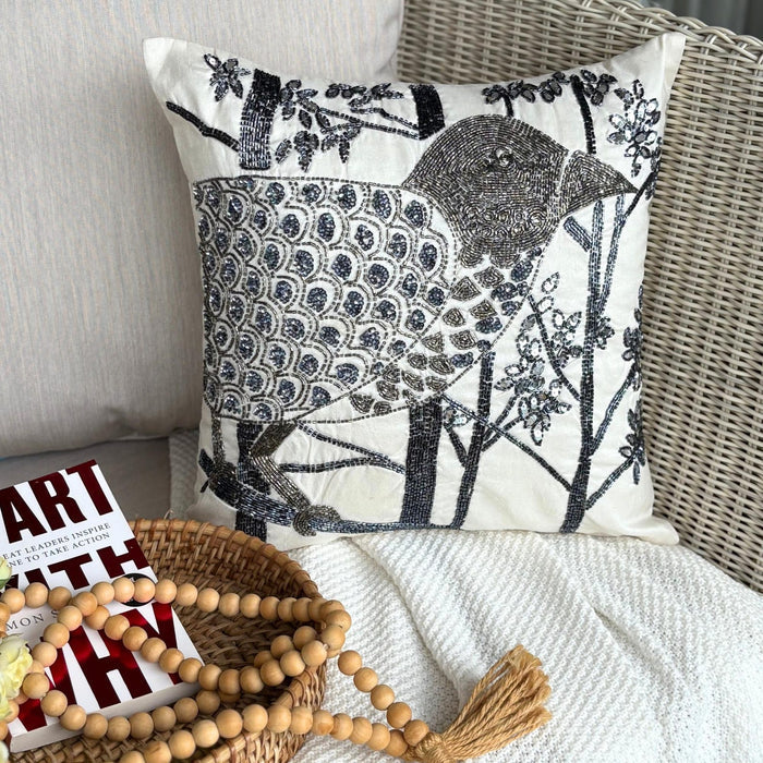 Birdy Heaven - White Art Silk Decorative Euro Sham