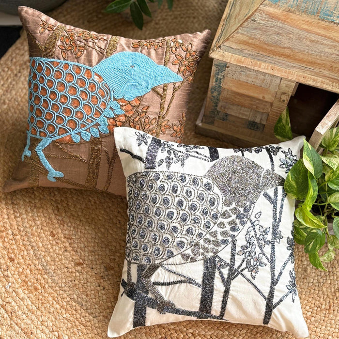 Birdy Heaven - White Art Silk Decorative Euro Sham