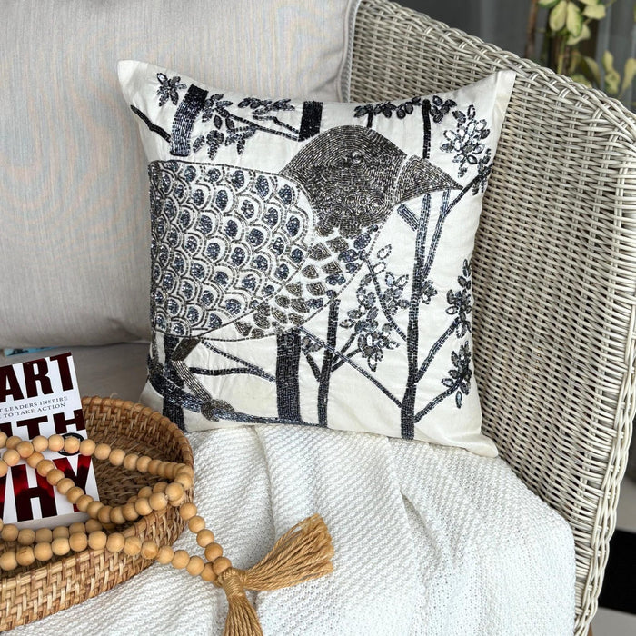 Birdy Heaven - White Art Silk Decorative Euro Sham