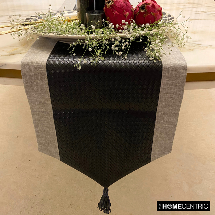 Black Faux Leather & Linen Decorative Table Runner - Black Leathersmith