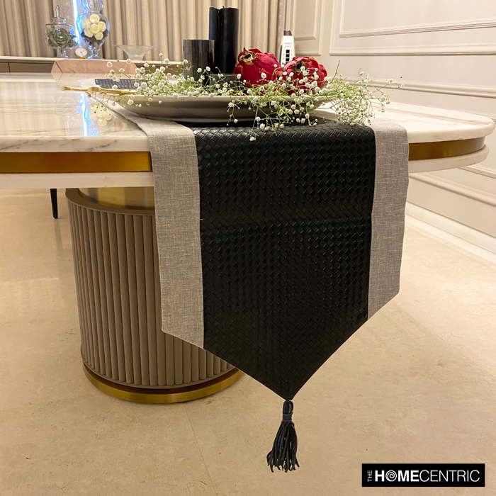 Black Faux Leather & Linen Decorative Table Runner - Black Leathersmith
