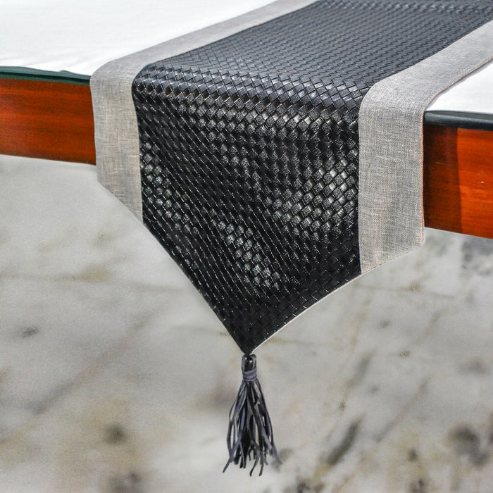 Black Faux Leather & Linen Decorative Table Runner - Black Leathersmith