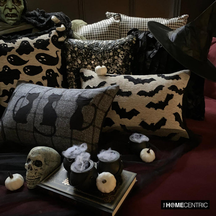 Black Jacquard Decorative Lumbar  Pillow Cover - Gothic Bats
