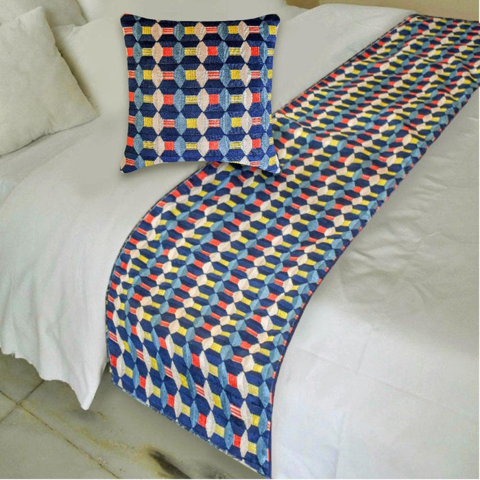 Blue Patterns Decorative Bed Runner and Pillow Cover