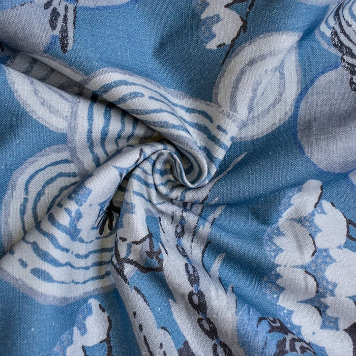 Blue, White, Gray Printed Cotton Fabric by the Yard