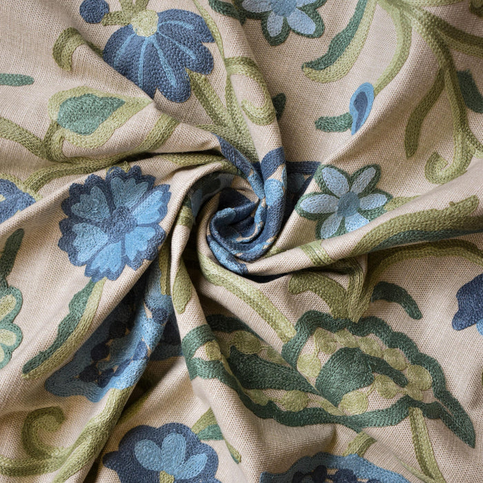 Botanical Vine Blue Floral Crewel Embroidery Beige base, Blue & Green Cotton Linen Fabric by the Yard