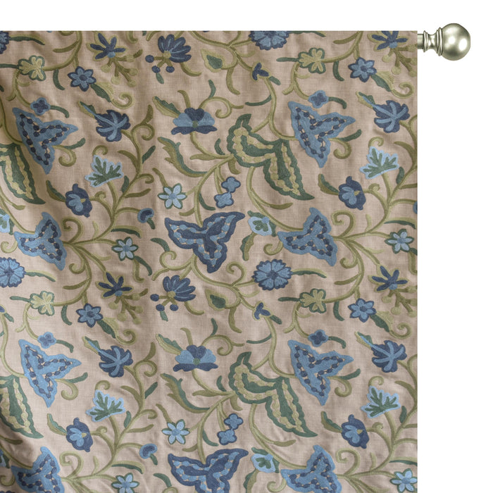 Botanical Vine Blue Floral Crewel Embroidery Beige base, Blue & Green Cotton Linen Fabric by the Yard