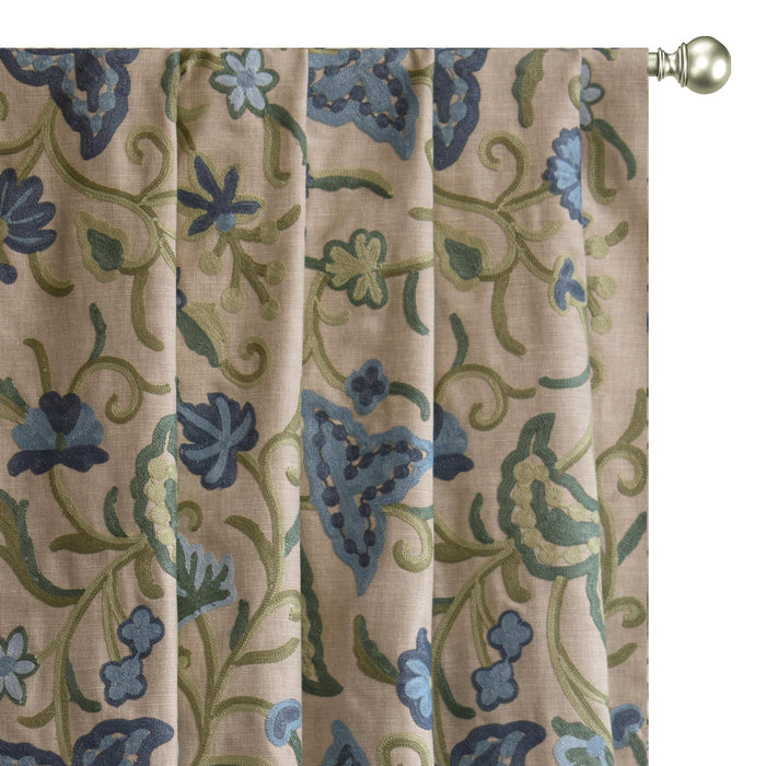 Botanical Vine Blue Floral Crewel Embroidery Beige base, Blue & Green Cotton Linen Fabric by the Yard
