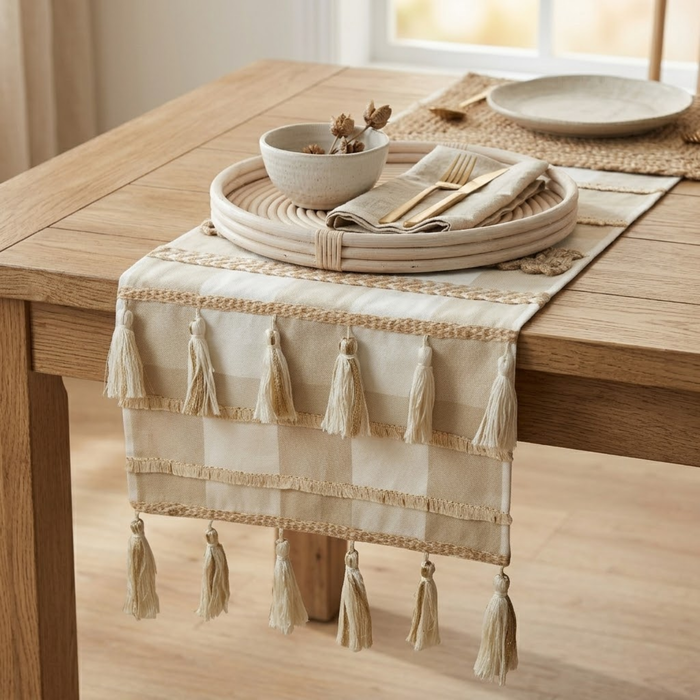 Buffalo Check Decor - Beige Cotton Decorative Table Runner