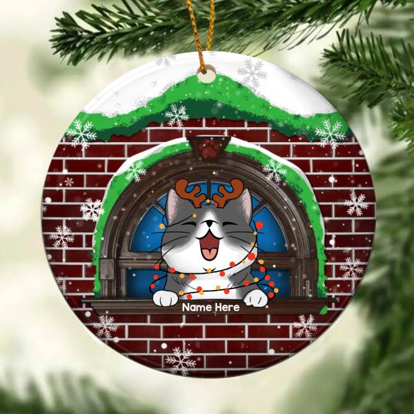 Cat Peeking From Behind Brick Wall - Personalized Cat Christmas Ornament